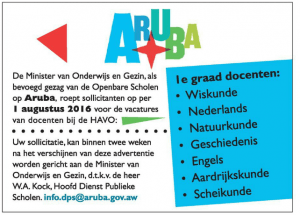 advertentie ministerie van onderwijs, Aruba